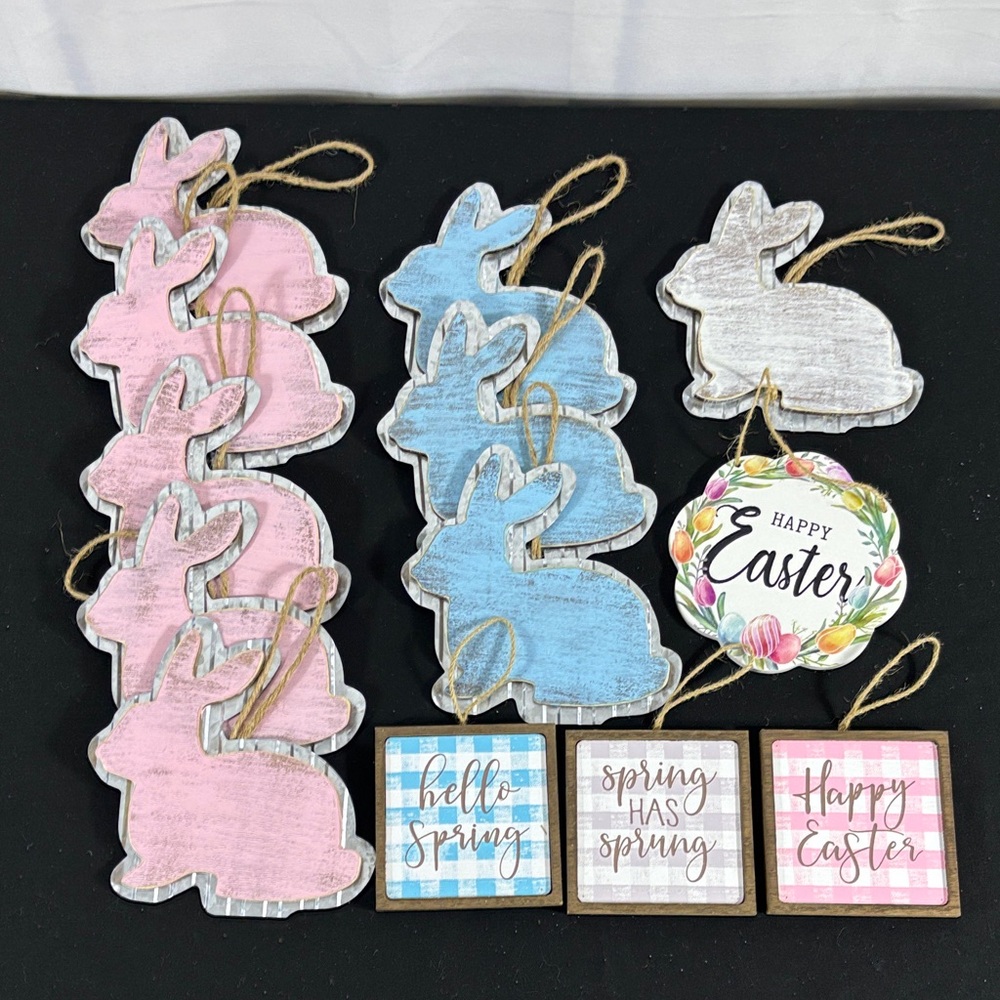 13 piece Hobby Lobby Spring Bunny and Plaque Ornament Set - Pink, Blue, White